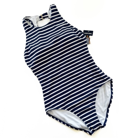 Lands End Womens Medium Navy White One Piece High Coverage Swimsuit New - Picture 1 of 5